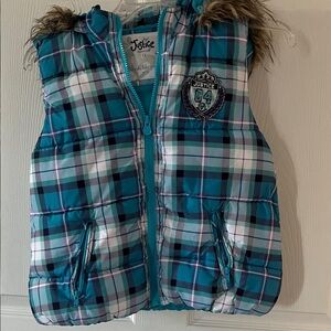 Girls Sz 12 Justice Teal and White Plaid Vest with Faux Fur removable hood